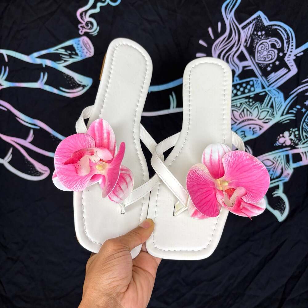 Women's White Square Toe Flip Flop Sandals with Pink Orchid Flower Decor